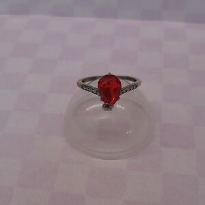 Red Teardrop CZ Ring with Silver Band And Bunny Detail- Fragrant Jewels Size 8